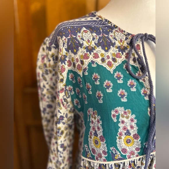 R.Vivimos | Boho Long Sleeve Floral Print Retro V Neck Tassel Midi Dress small - Picture 6 of 9